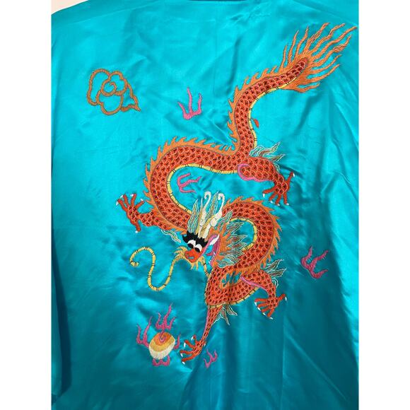 Vintage Golden Dragon Medium Hand Embroidered 100% Silk Chinese Kimono Robe Blue - Picture 3 of 13